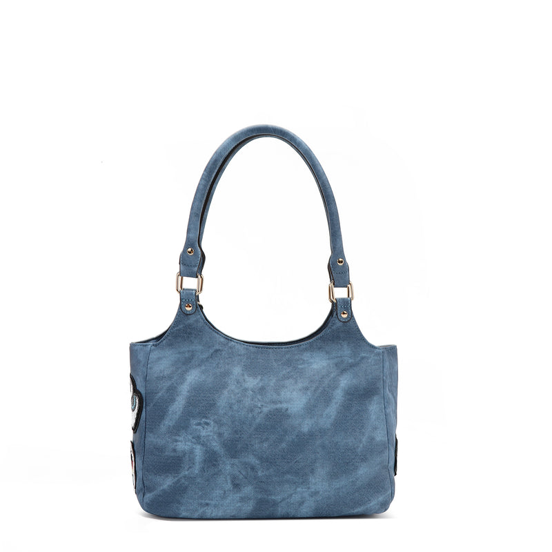 BOLSO DE HOMBRO CON MÚLTIPLES PARCHES (AZUL)