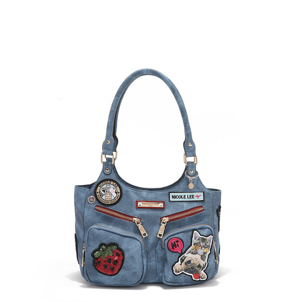 SHOULDER BAG WITH MULTIPLE PATCHES (BLUE)