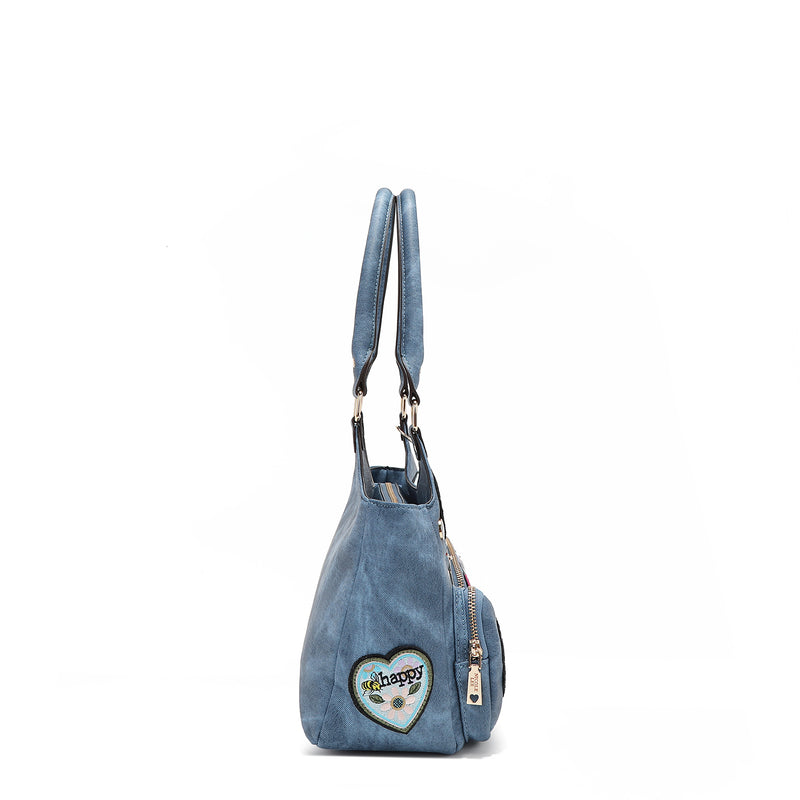 BOLSO DE HOMBRO CON MÚLTIPLES PARCHES (AZUL)