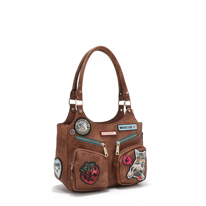 SHOULDER BAG WITH MULTIPLE PATCHES (BROWN)