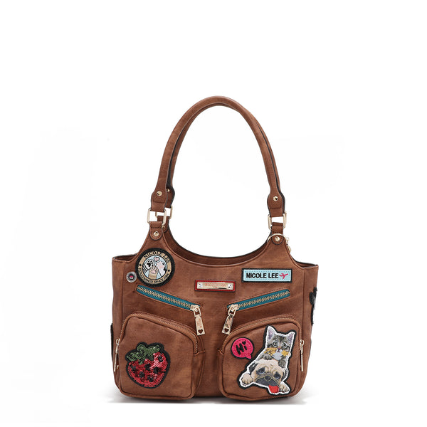 SHOULDER BAG WITH MULTIPLE PATCHES (BROWN)