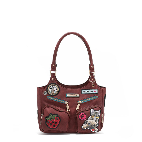 SHOULDER BAG WITH MULTIPLE PATCHES (RED)