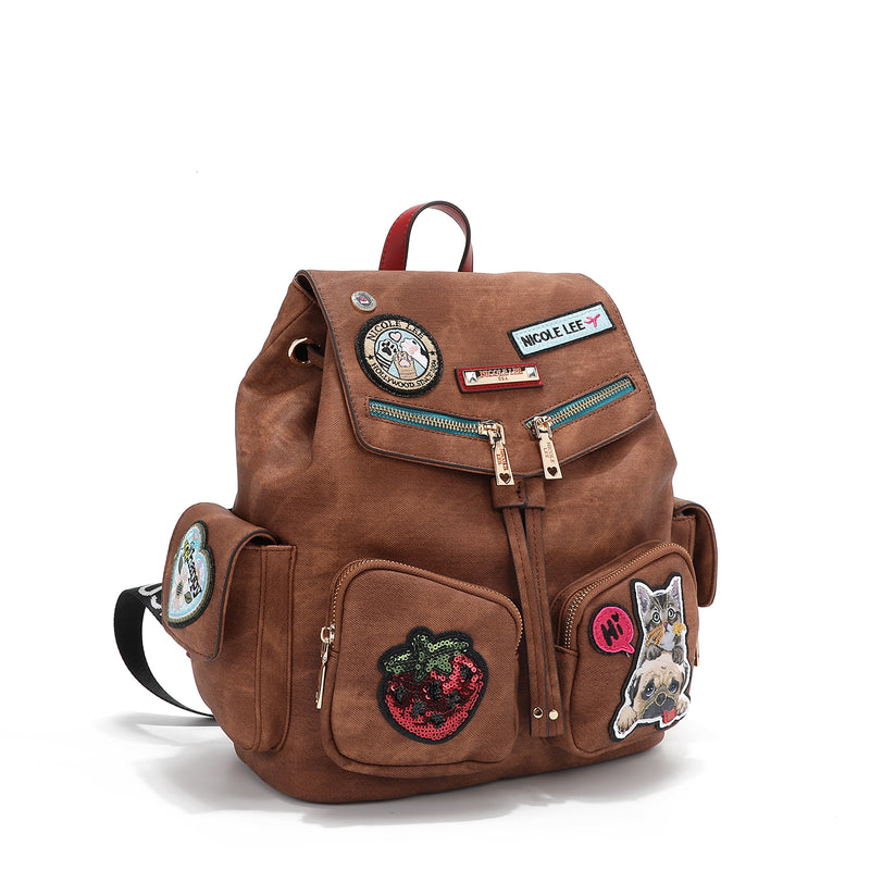 BACKPACK WITH MULTIPLE PATCHES (BROWN)