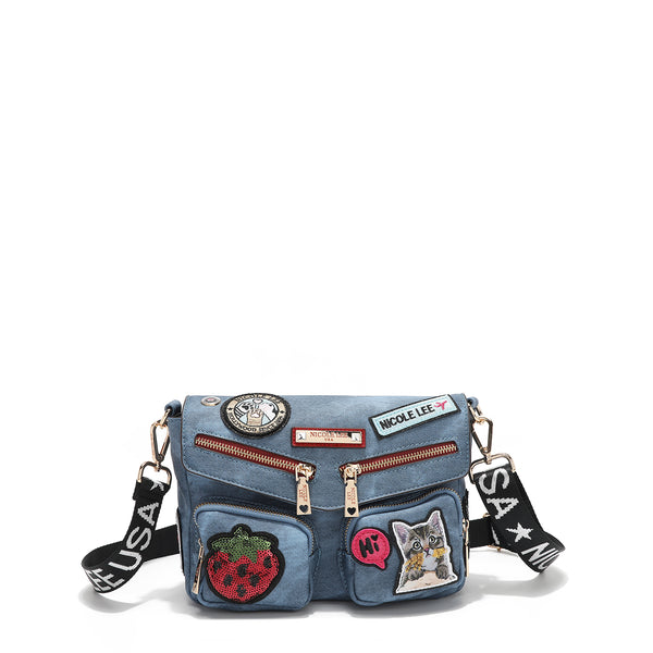 CROSSBODY BAG WITH FLAP AND MULTIPLE PATCHES (BLUE)