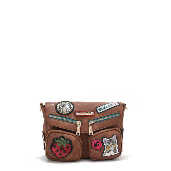 CROSSBODY BAG WITH FLAP AND MULTIPLE PATCHES (BROWN)