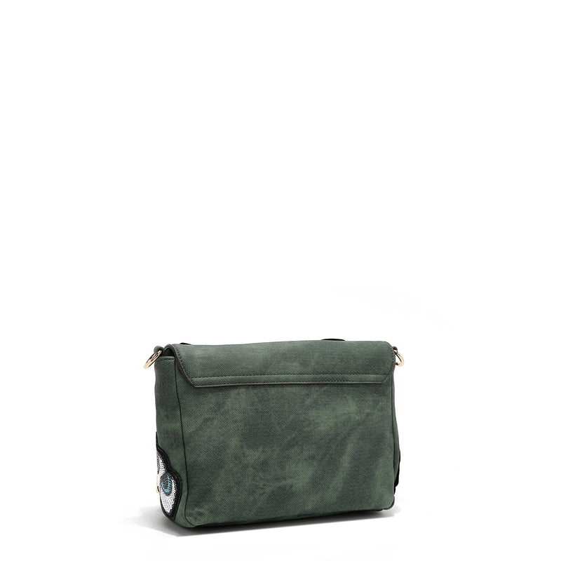 CROSSBODY BAG WITH FLAP AND MULTIPLE PATCHES (GREEN)