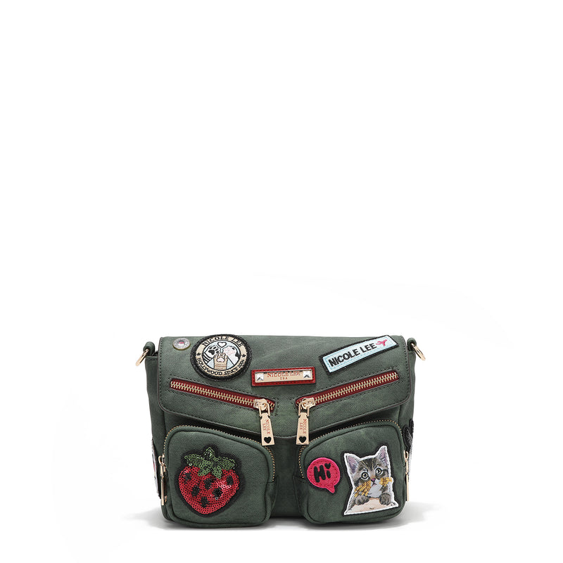 CROSSBODY BAG WITH FLAP AND MULTIPLE PATCHES (GREEN)