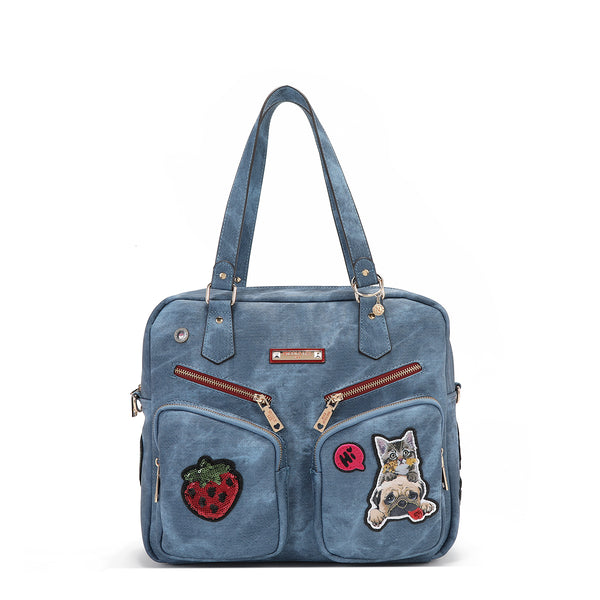 BAG WITH ZIPPER AND MULTIPLE PATCHES (BLUE)