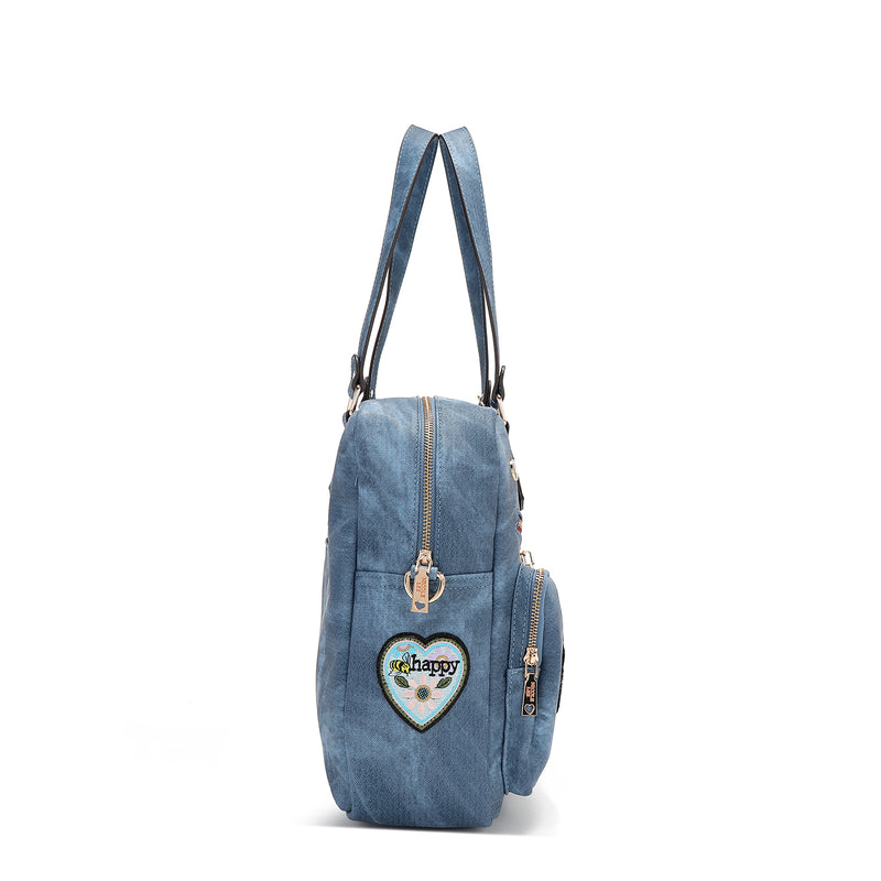 BOLSO CON CREMALLERA Y MÚLTIPLES PARCHES (AZUL)