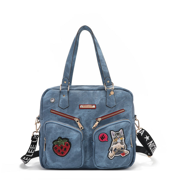 BAG WITH ZIPPER AND MULTIPLE PATCHES (BLUE)