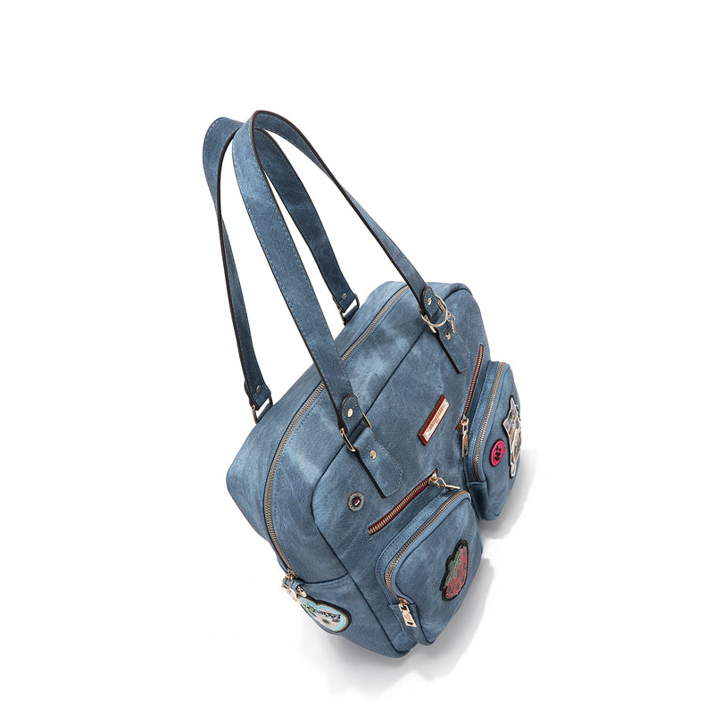 BOLSO CON CREMALLERA Y MÚLTIPLES PARCHES (AZUL)