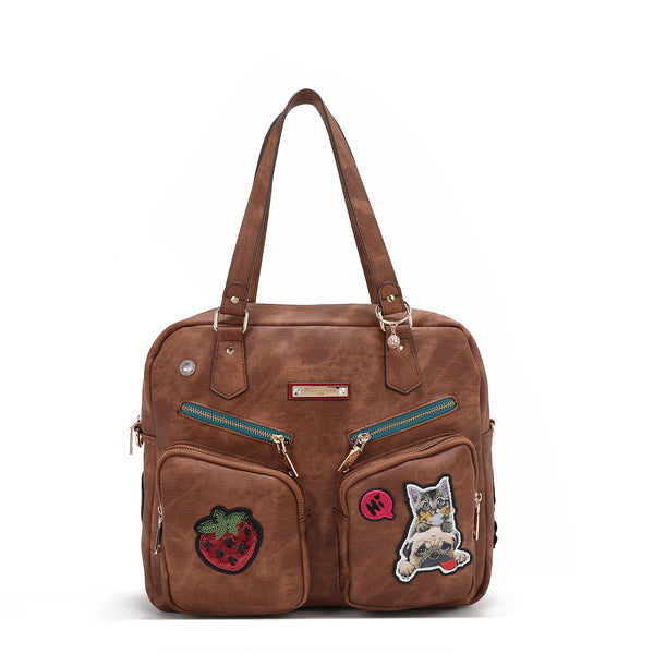 BAG WITH ZIPPER AND MULTIPLE PATCHES (BROWN)