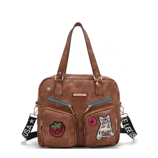 BAG WITH ZIPPER AND MULTIPLE PATCHES (BROWN)