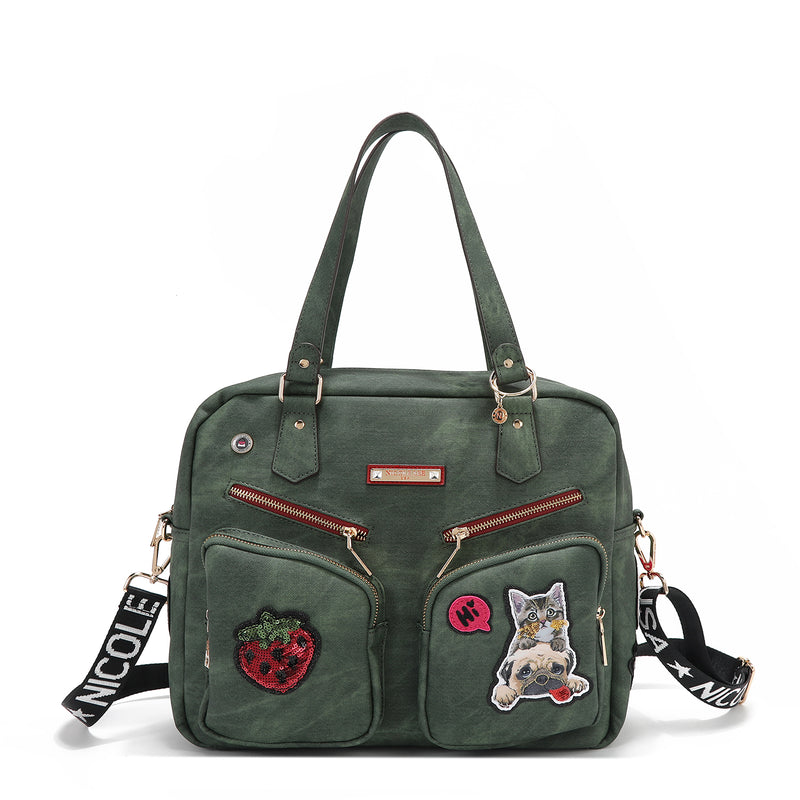 BAG WITH ZIPPER AND MULTIPLE PATCHES (GREEN)