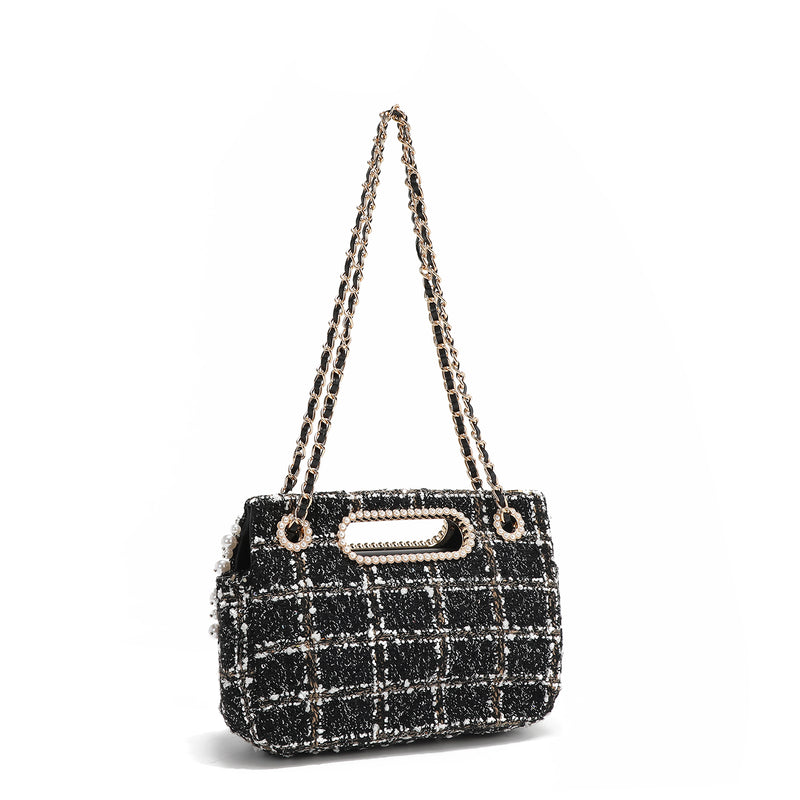 TWEED STYLE CLUTCH BAG WITH FLAP (BLACK)