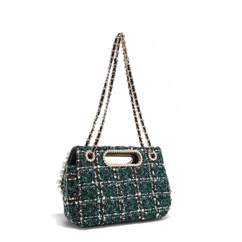 TWEED STYLE CLUTCH BAG WITH FLAP (GREEN)