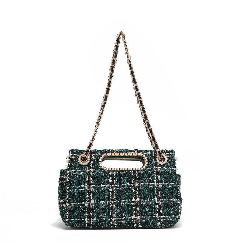 TWEED STYLE CLUTCH BAG WITH FLAP (GREEN)