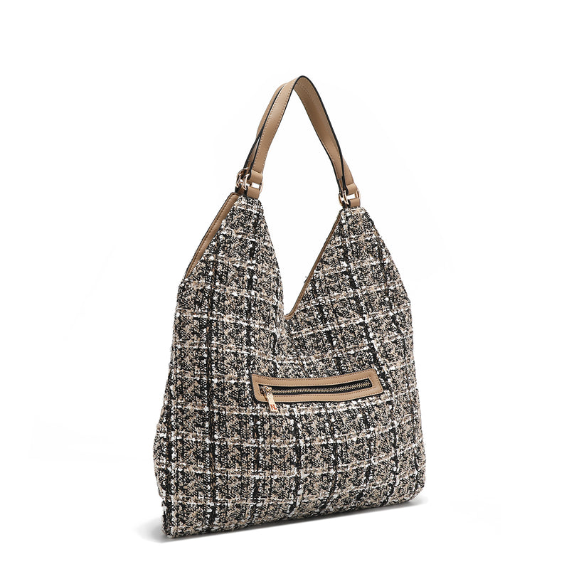 LARGE TWEED STYLE HOBO BAG (BEIGE)