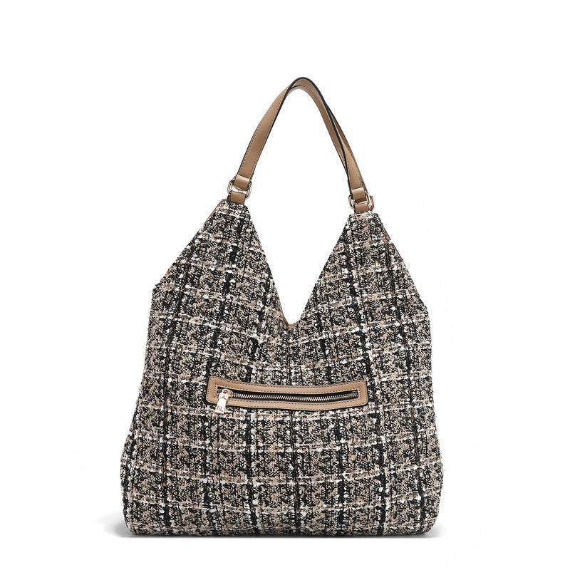 LARGE TWEED STYLE HOBO BAG (BEIGE)