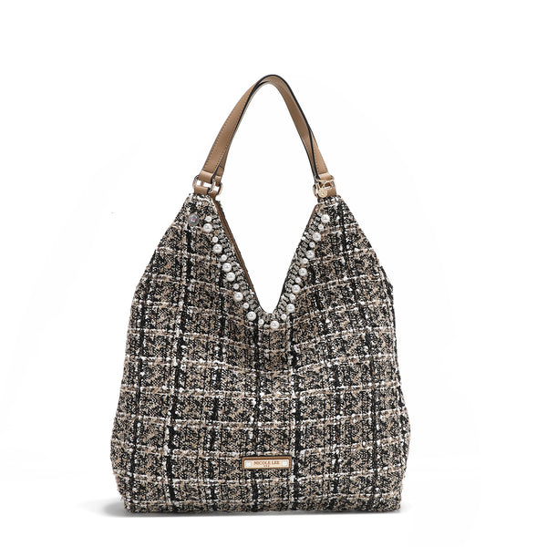 LARGE TWEED STYLE HOBO BAG (BEIGE)