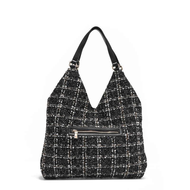 LARGE TWEED STYLE HOBO BAG (BLACK)