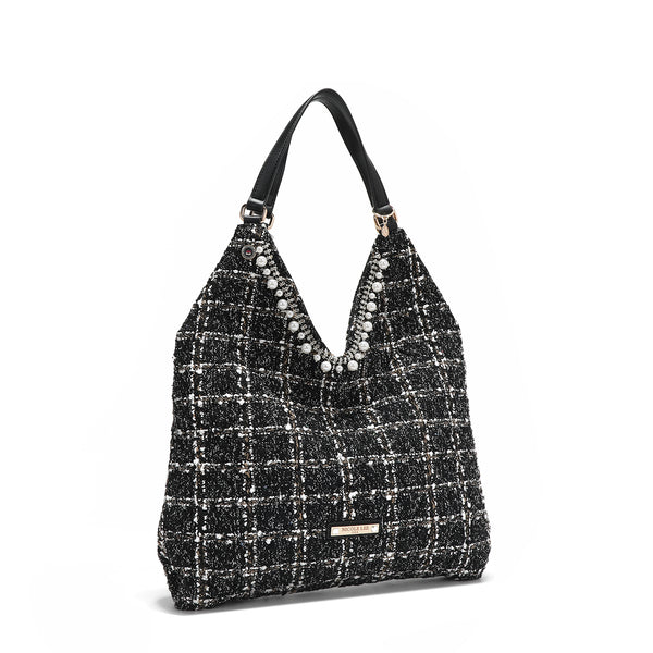 LARGE TWEED STYLE HOBO BAG (BLACK)