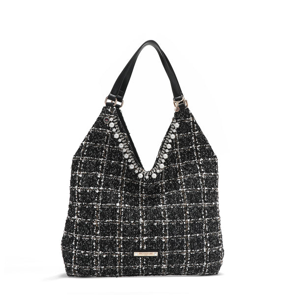 LARGE TWEED STYLE HOBO BAG (BLACK)