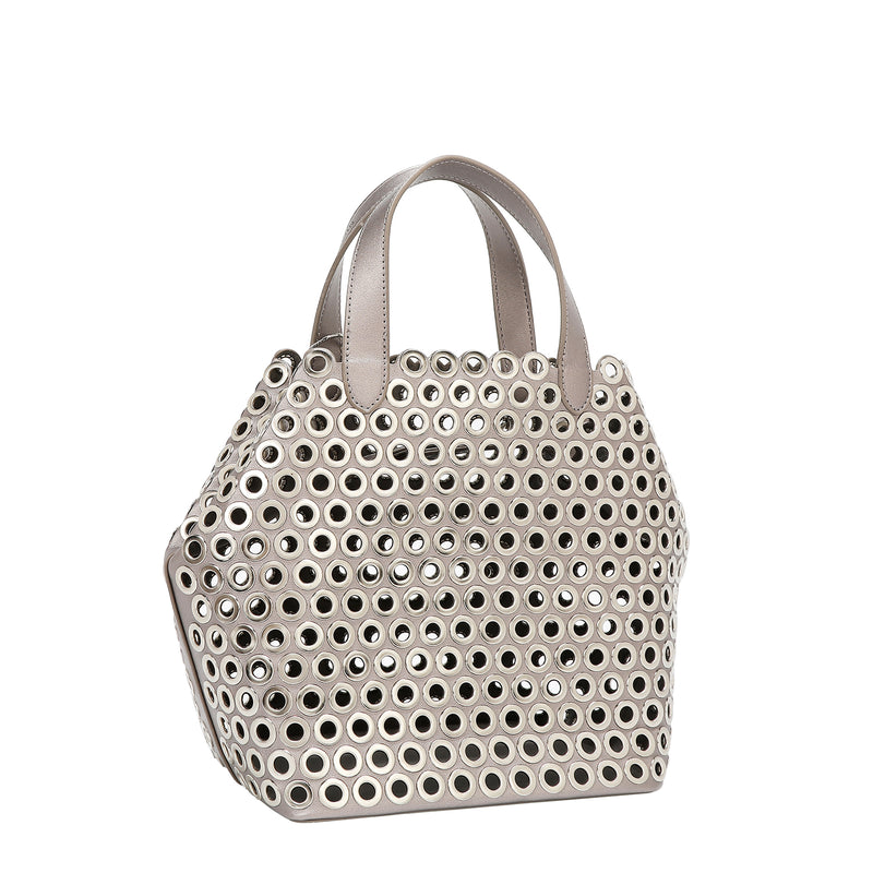 BOLSO SATCHEL CON BORDE DE OJALES (PLATA)