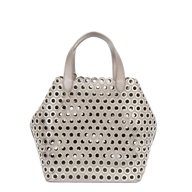BOLSO SATCHEL CON BORDE DE OJALES (PLATA)