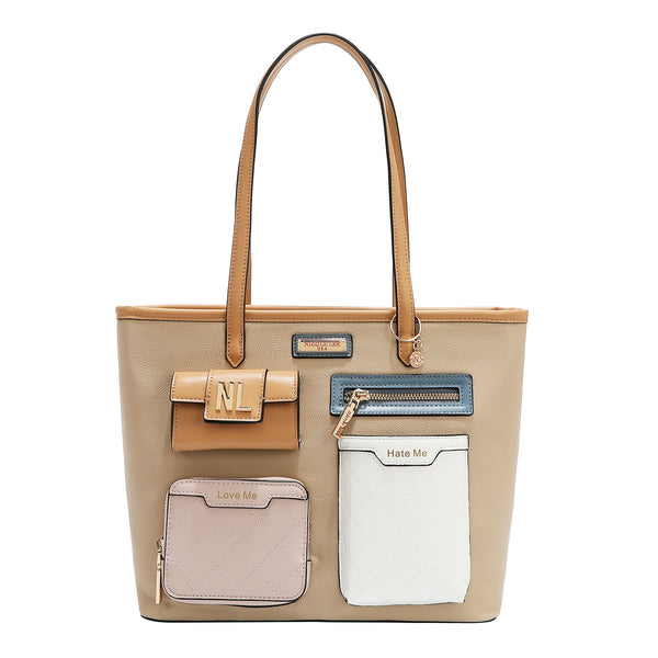 BOLSO SHOPPER CON BOLSILLO Y BLOQUES DE COLOR (TAUPE)