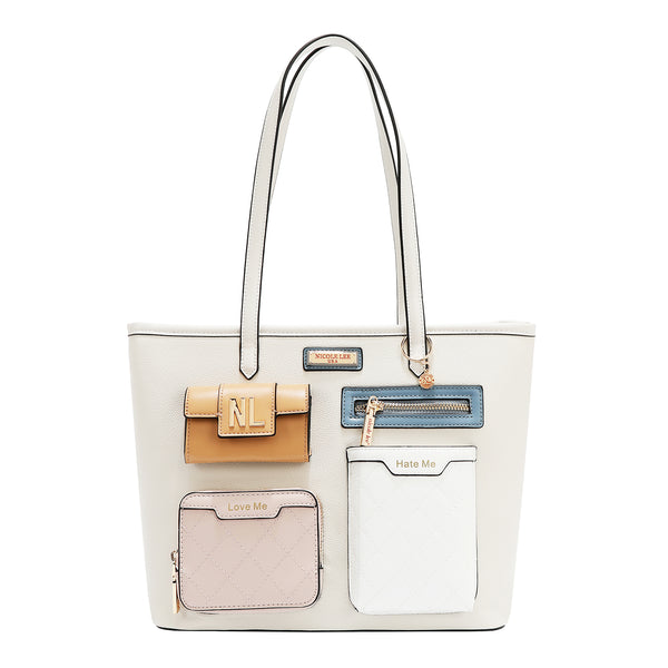 BOLSO SHOPPER CON BOLSILLO Y BLOQUES DE COLOR (BLANCO)