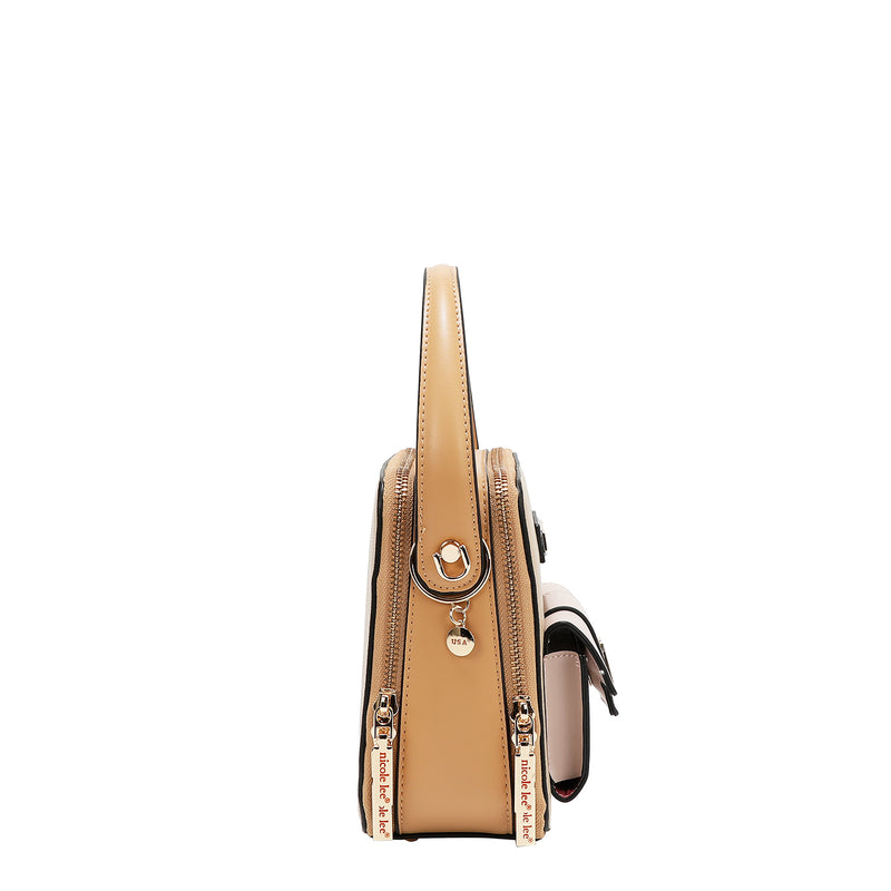 BANDOLERA CON BOLSILLO Y BLOQUES DE COLOR (TAUPE)