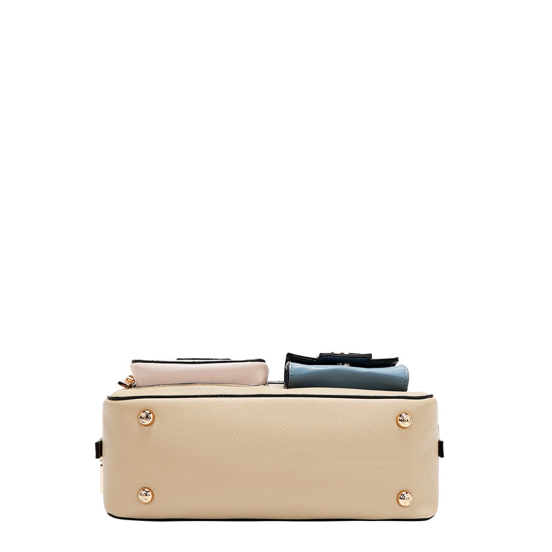BOLSO DE HOMBRO CON BOLSILLO Y BLOQUES DE COLOR (TAUPE)