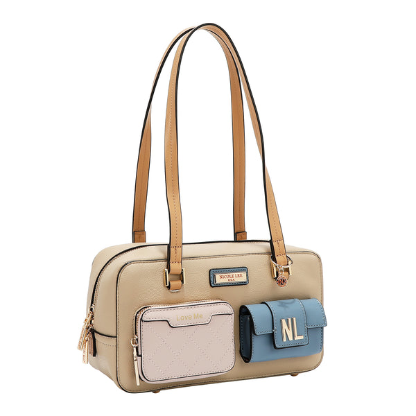 BOLSO DE HOMBRO CON BOLSILLO Y BLOQUES DE COLOR (TAUPE)