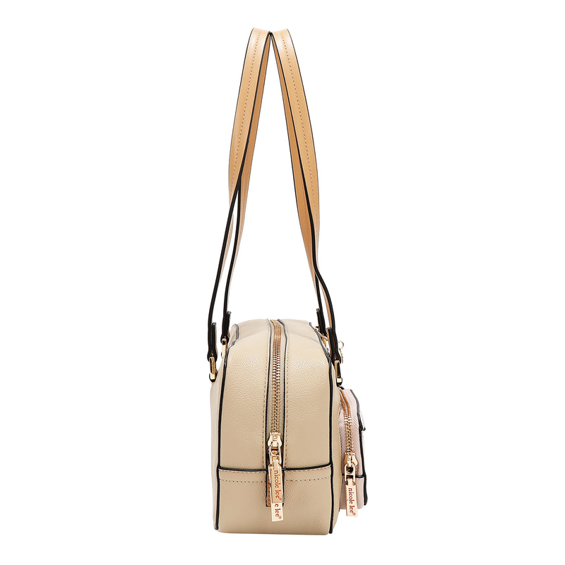 BOLSO DE HOMBRO CON BOLSILLO Y BLOQUES DE COLOR (TAUPE)