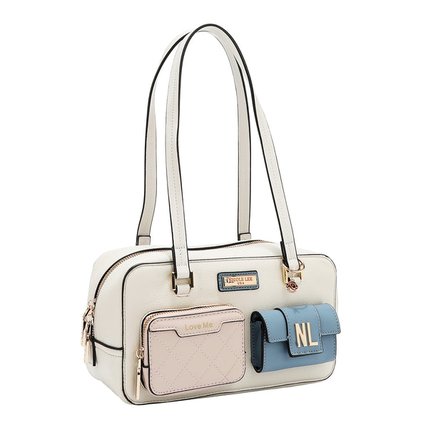 BOLSO DE HOMBRO CON BOLSILLO Y BLOQUES DE COLOR (BLANCO)