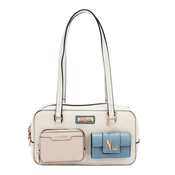 BOLSO DE HOMBRO CON BOLSILLO Y BLOQUES DE COLOR (BLANCO)