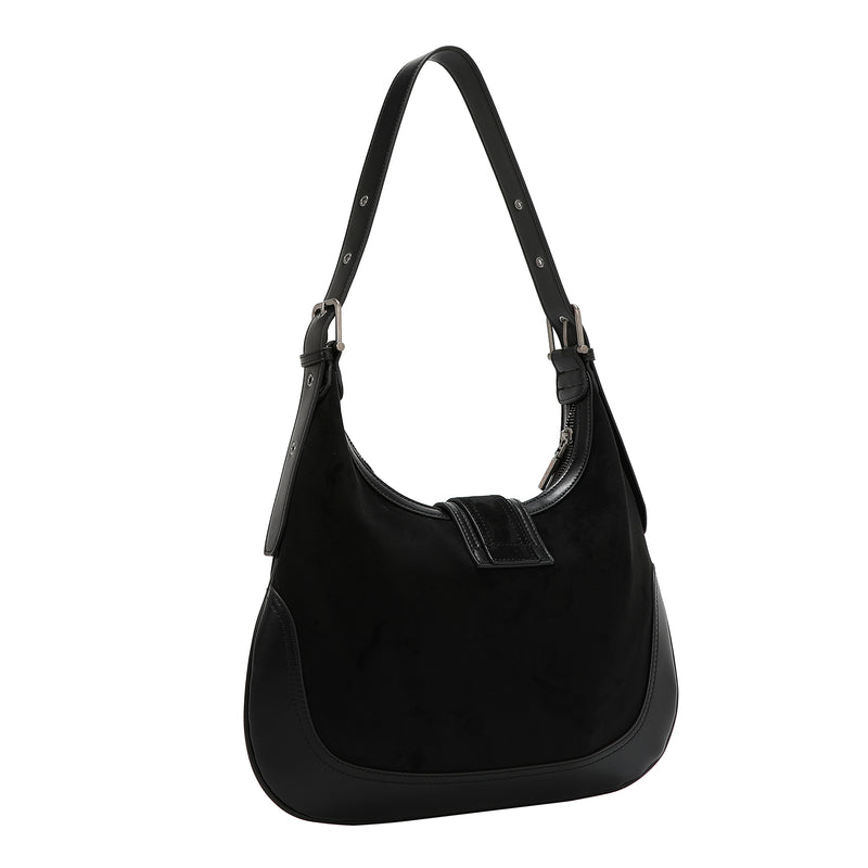SHOULDER BAG WITH FLORAL DESIGN IN THE SHAPE OF A HALF MOON (BLACK)