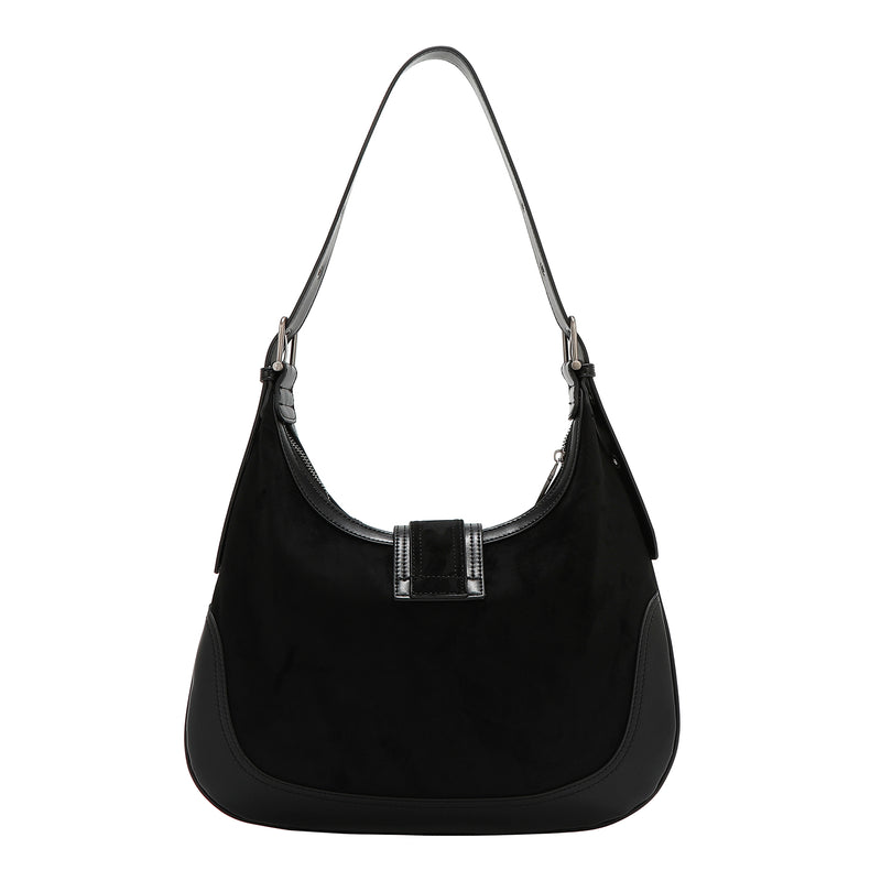 SHOULDER BAG WITH FLORAL DESIGN IN THE SHAPE OF A HALF MOON (BLACK)