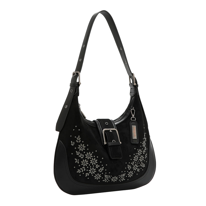SHOULDER BAG WITH FLORAL DESIGN IN THE SHAPE OF A HALF MOON (BLACK)