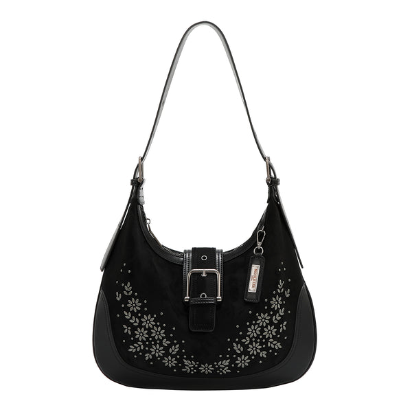 SHOULDER BAG WITH FLORAL DESIGN IN THE SHAPE OF A HALF MOON (BLACK)