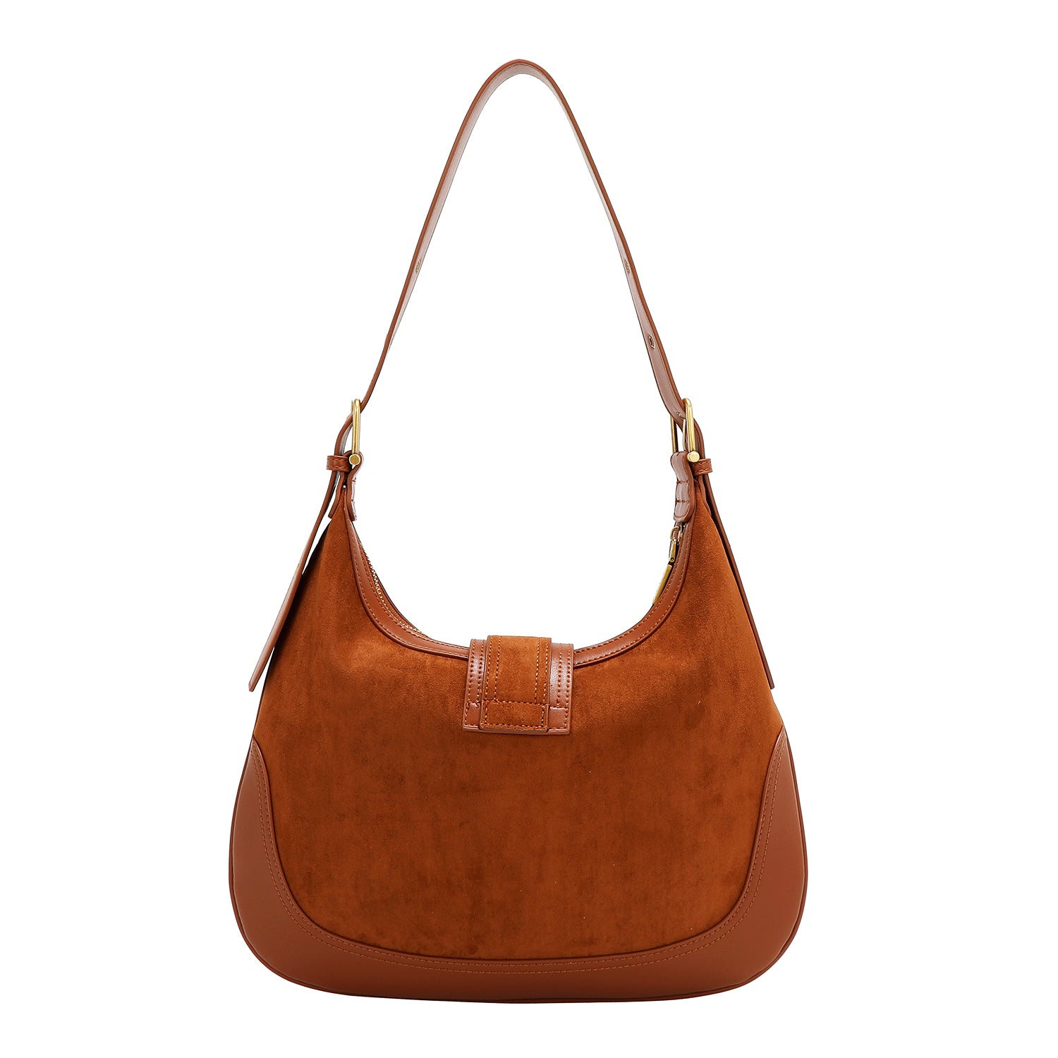 BOLSA DE OMBRO COM DESENHO FLORAL EM FORMA DE MEIA LUA (MARROM)