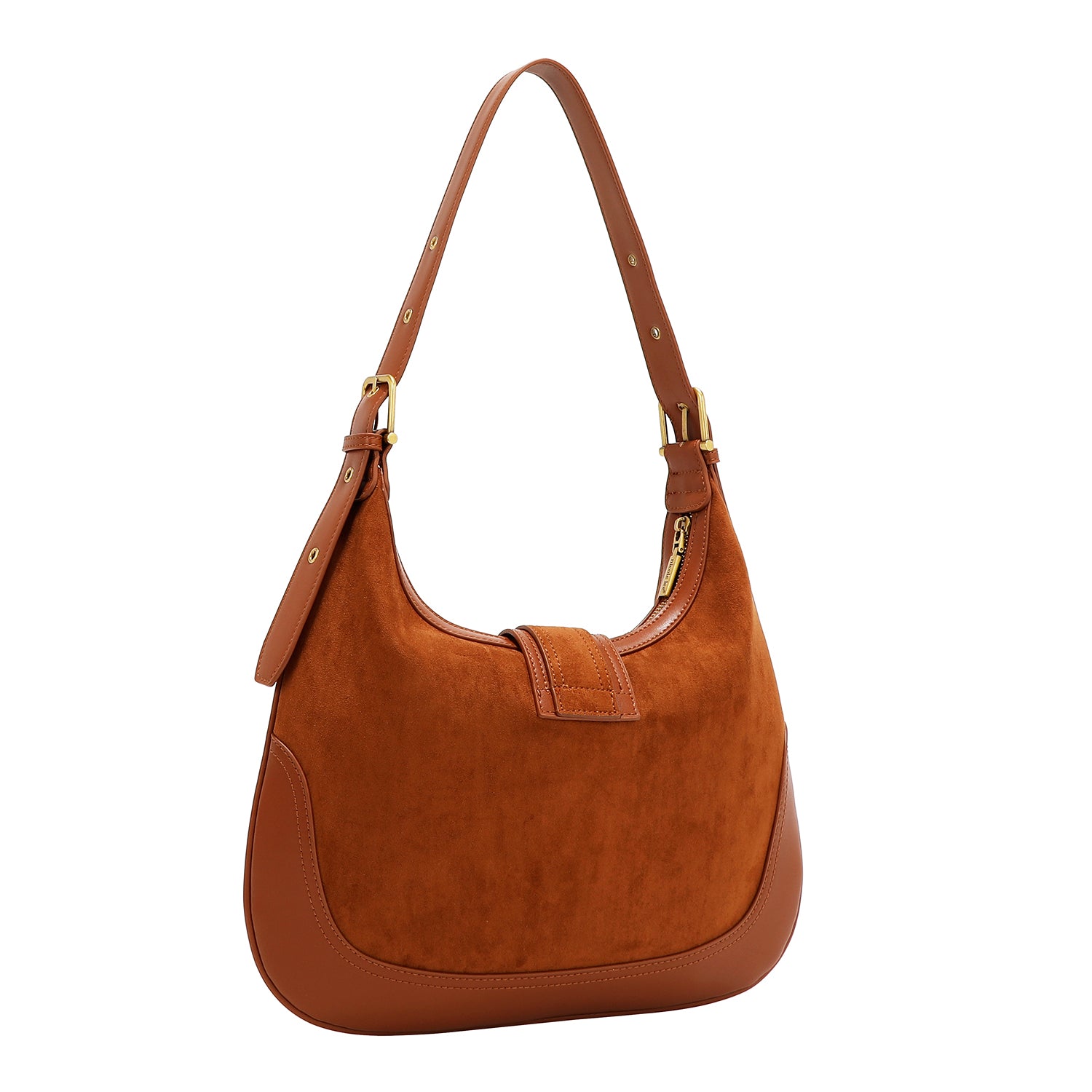 BOLSA DE OMBRO COM DESENHO FLORAL EM FORMA DE MEIA LUA (MARROM)