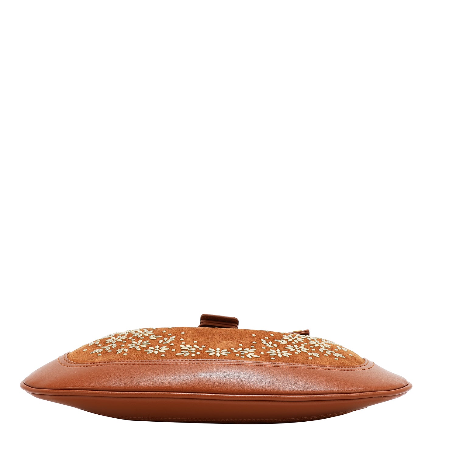 BOLSA DE OMBRO COM DESENHO FLORAL EM FORMA DE MEIA LUA (MARROM)