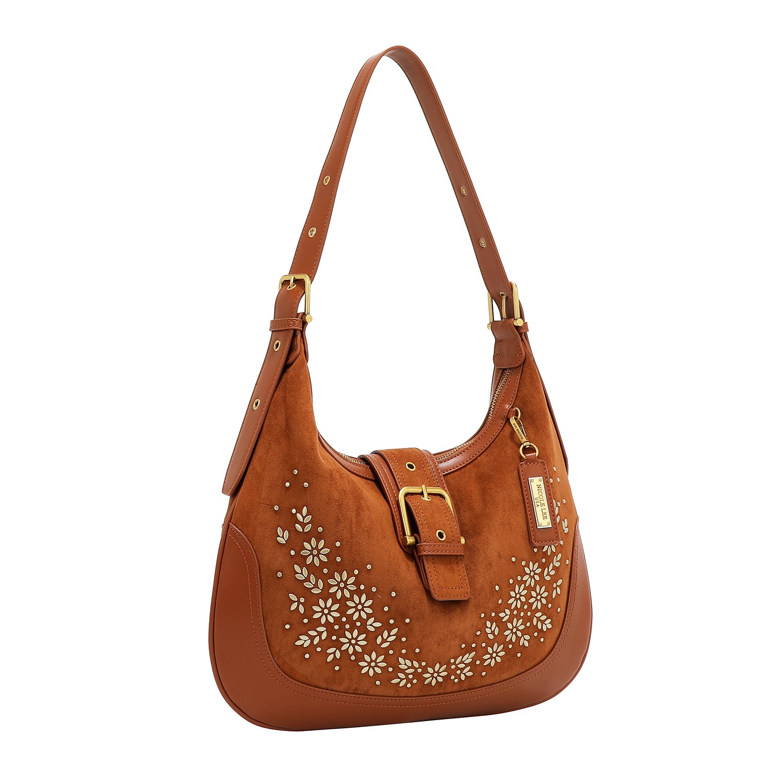 BOLSA DE OMBRO COM DESENHO FLORAL EM FORMA DE MEIA LUA (MARROM)