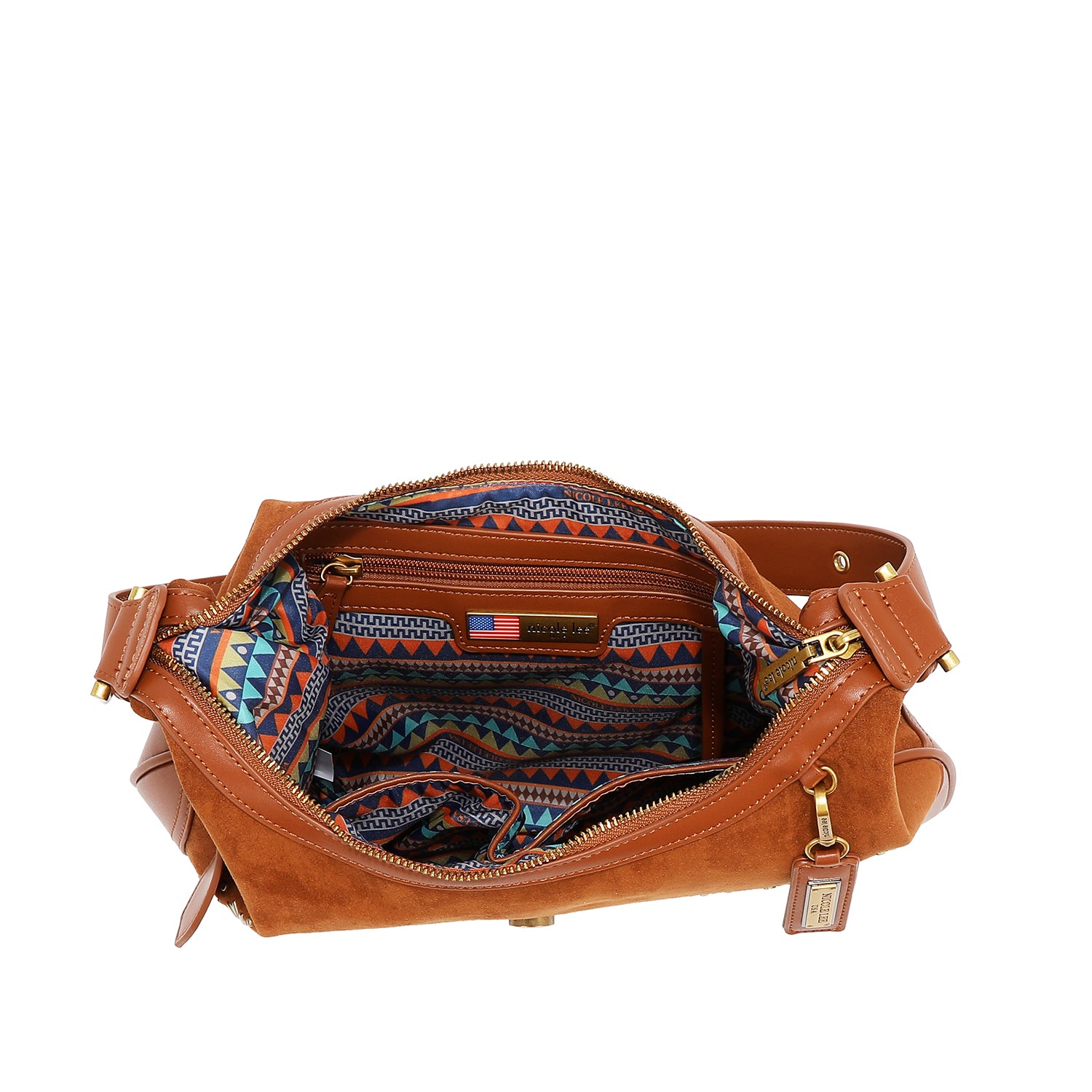 BOLSA DE OMBRO COM DESENHO FLORAL EM FORMA DE MEIA LUA (MARROM)