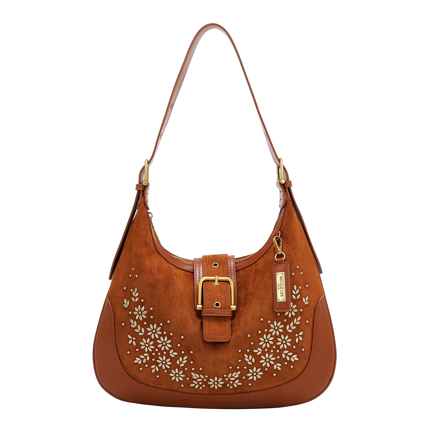 BOLSA DE OMBRO COM DESENHO FLORAL EM FORMA DE MEIA LUA (MARROM)