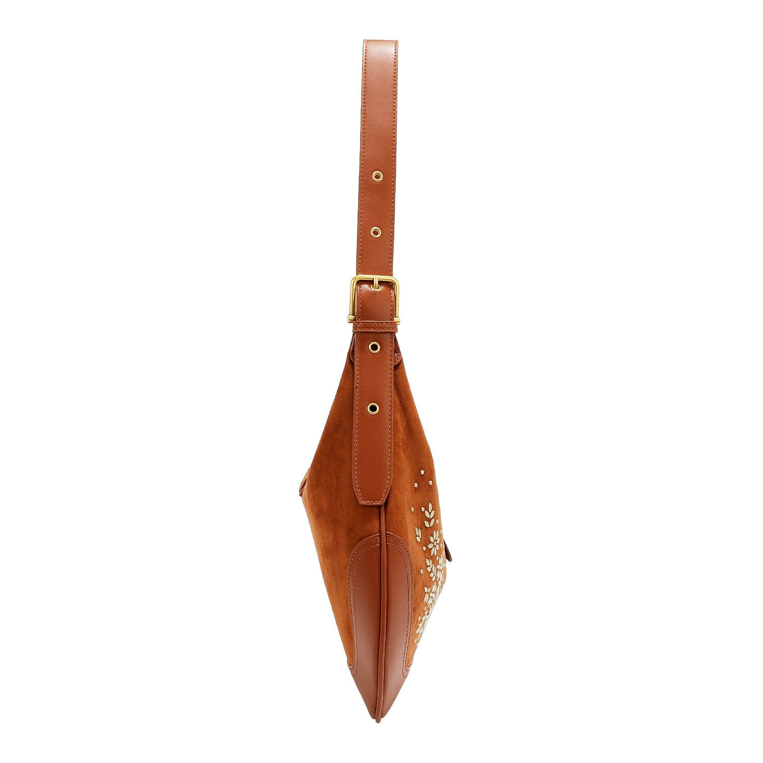 BOLSA DE OMBRO COM DESENHO FLORAL EM FORMA DE MEIA LUA (MARROM)