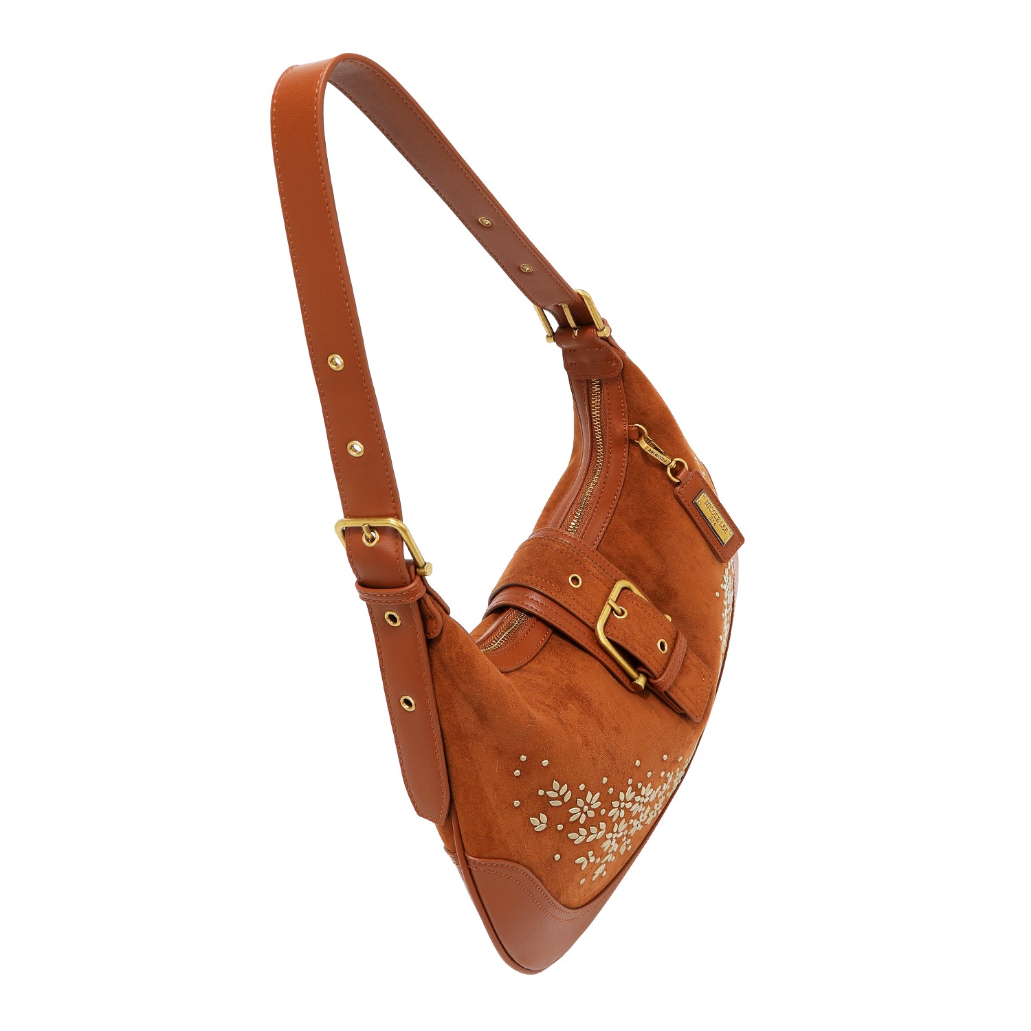 BOLSA DE OMBRO COM DESENHO FLORAL EM FORMA DE MEIA LUA (MARROM)
