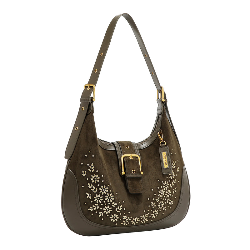 SHOULDER BAG WITH FLORAL DESIGN IN THE SHAPE OF A CROSS MOON (OLIVE)